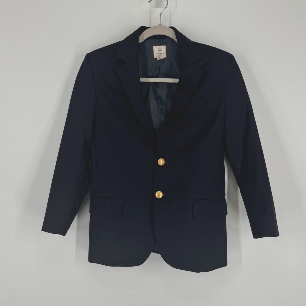 Lands' End Blazer Youth 12 Navy Blue Wool Blend Gold Buttons Kids Made in Japan